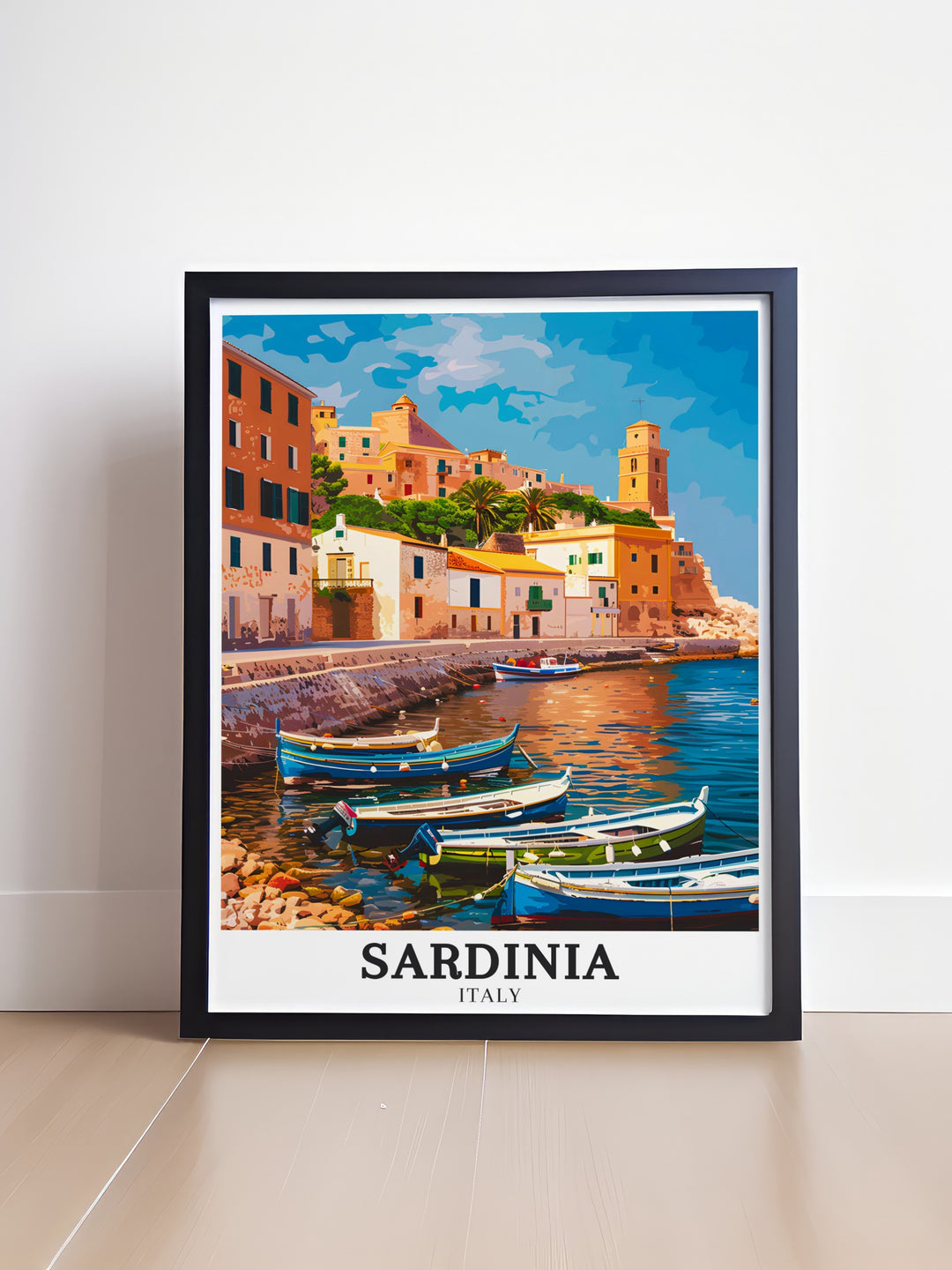 Sardinia wall art featuring Alghero Waterfront Promenade. A stunning modern print with a Mediterranean Island theme showcasing the Italian heritage of Sardinia. Perfect decor for anyone who loves Sardinian beaches and wants to bring Italy into their home.