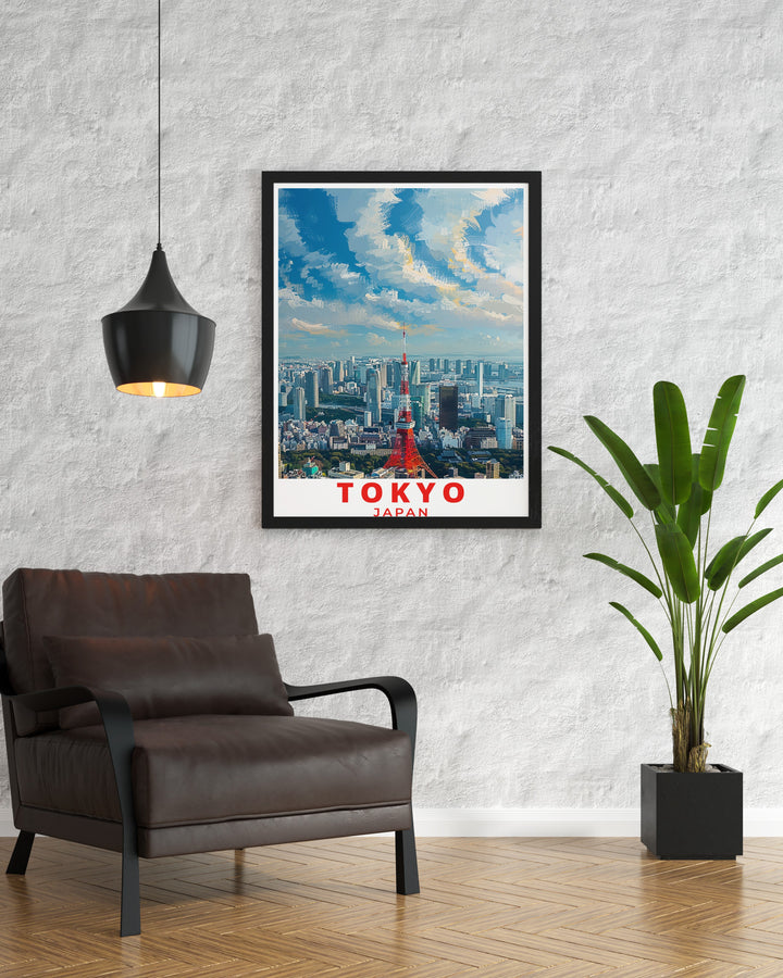 This Tokyo travel poster captures the contrast between the vibrant city skyline, featuring Tokyo Tower, and the serene beauty of Mount Fuji. Framed by cherry blossoms, this Japanese art print brings together the best of Japans urban and natural landscapes, making it a perfect décor piece.