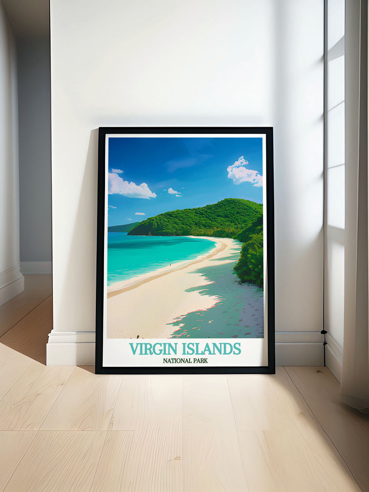 Stunning print of Cinnamon Bay in the US Virgin Islands showcasing crystal clear waters and pristine beaches perfect for modern home decor