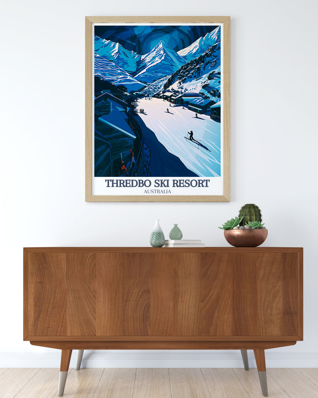 Celebrate the Australian Alps with this travel poster of Thredbo Ski Resort, showcasing the vibrant ski slopes and cozy Thredbo Village. The vintage style print is perfect for anyone who loves winter sports, Australian ski resorts, and unique wall art.