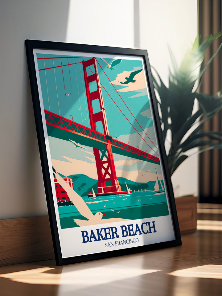 Golden Gate Bridge Home Decor showcasing the vibrant colors and striking design of the Golden Gate Bridge, with the Pacific Ocean as its backdrop. The detailed illustration offers a glimpse into the architectural marvel that defines San Francisco, ideal for architecture lovers