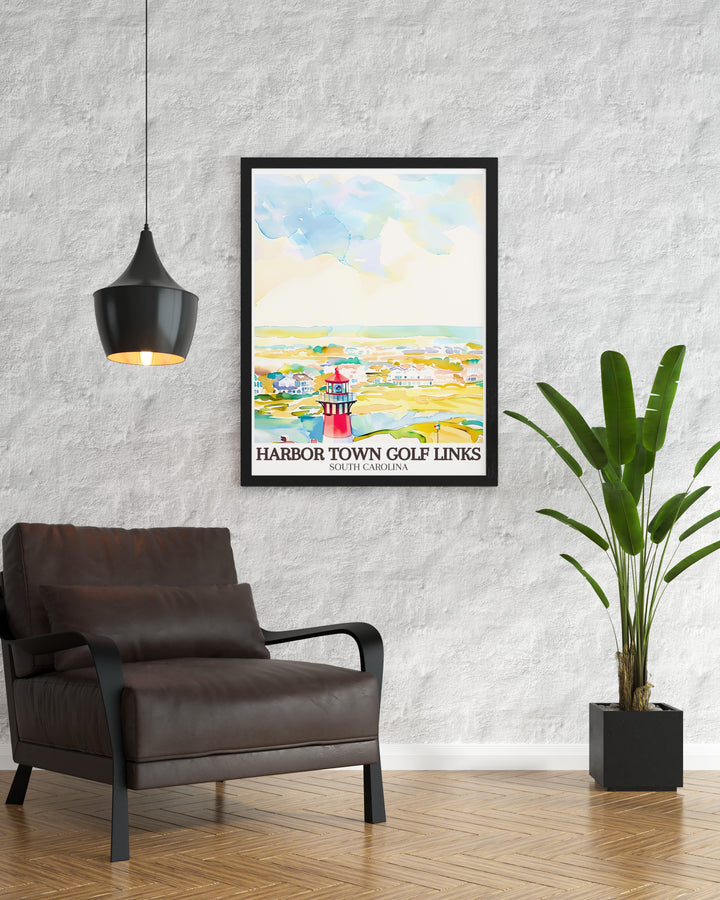 This Harbor Town wall print brings the beauty of the 18th hole to life, with the iconic Harbour Town Lighthouse in the distance. Perfect for golf fans, this travel art brings a piece of Harbor Town into any space, capturing its timeless appeal.