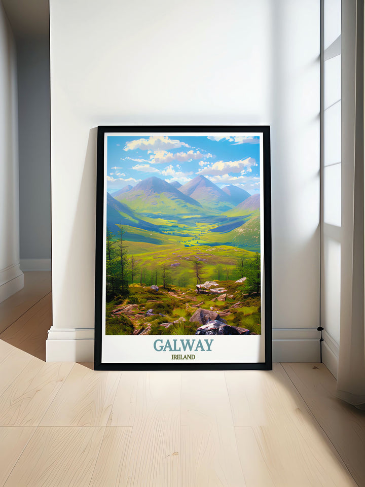 Highlighting the wild landscapes of Connemara National Park, this travel poster showcases the rugged beauty of Irelands west coast. The scene includes the majestic Twelve Bens mountain range and tranquil lakes, ideal for nature lovers who appreciate Irelands natural splendor.