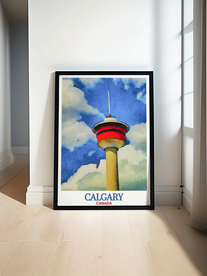 Discover the vibrant beauty of Calgary Tower with this stunning travel poster featuring intricate details and vivid colors perfect for Canada wall art and decor. Ideal for those who love Calgary and want to bring a piece of the city into their home.