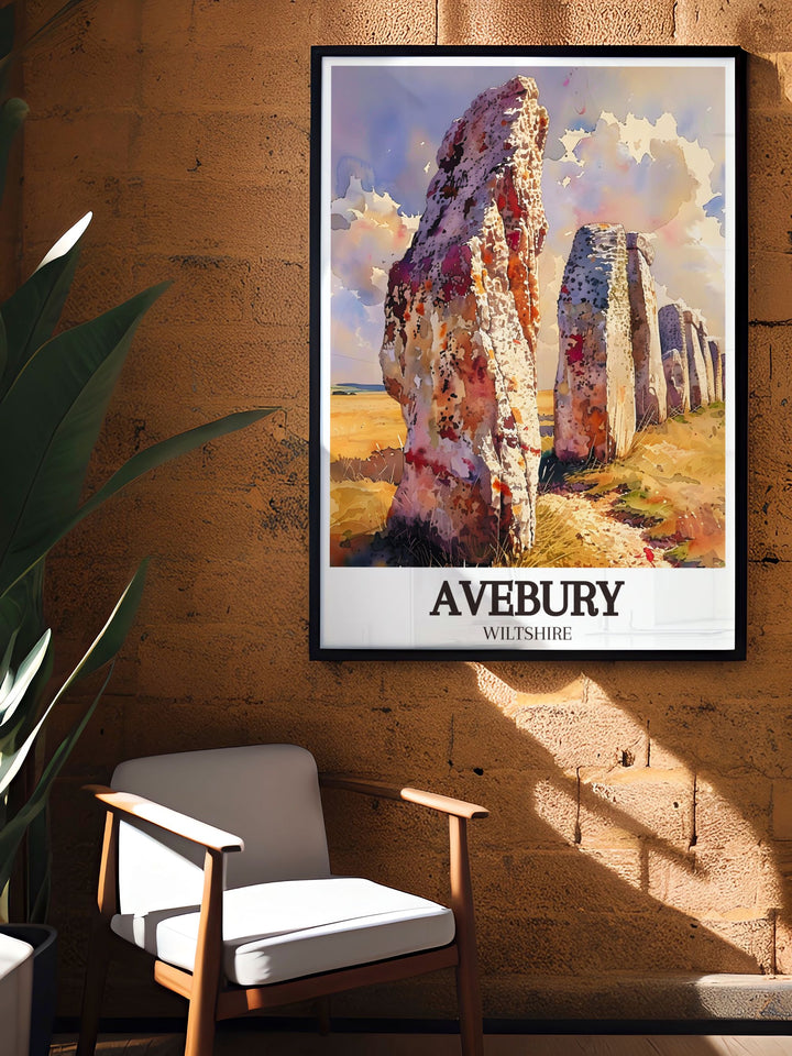 Avebury Stone Circles ancient stones and the verdant North Wessex Downs are illustrated in this travel poster, offering a perfect blend of history and natural beauty.