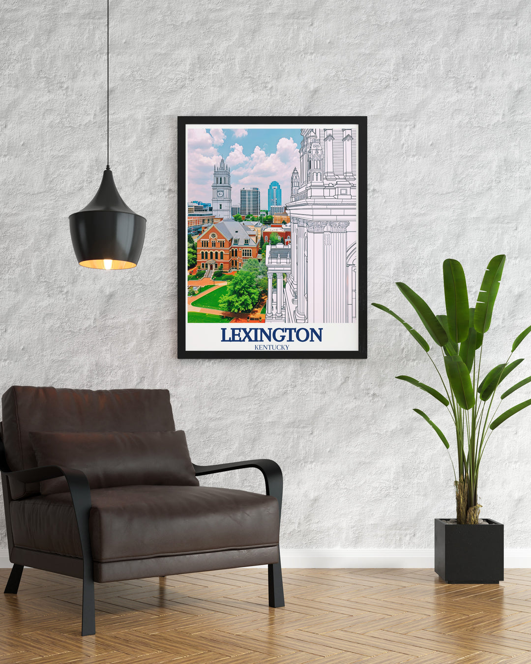 Modern Lexington artwork featuring colorful paintings and prints of the Lexington skyline and Transylvania University