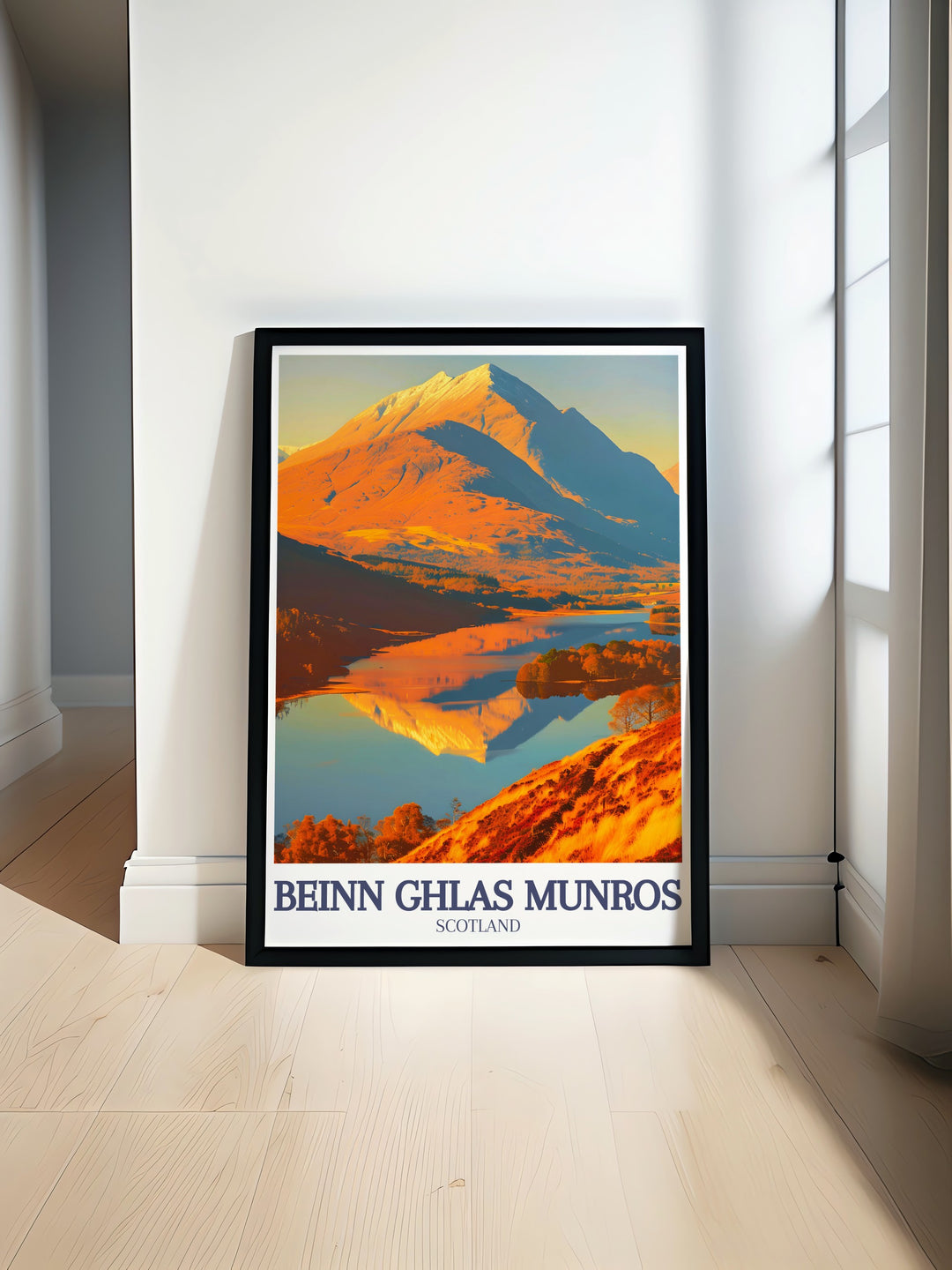 Vintage travel print featuring the majestic Beinn Ghlas and Ben Lawers Munros with the serene Loch Tay in the background showcasing the beauty of the Scottish Highlands. Perfect addition to home decor for nature and adventure enthusiasts.