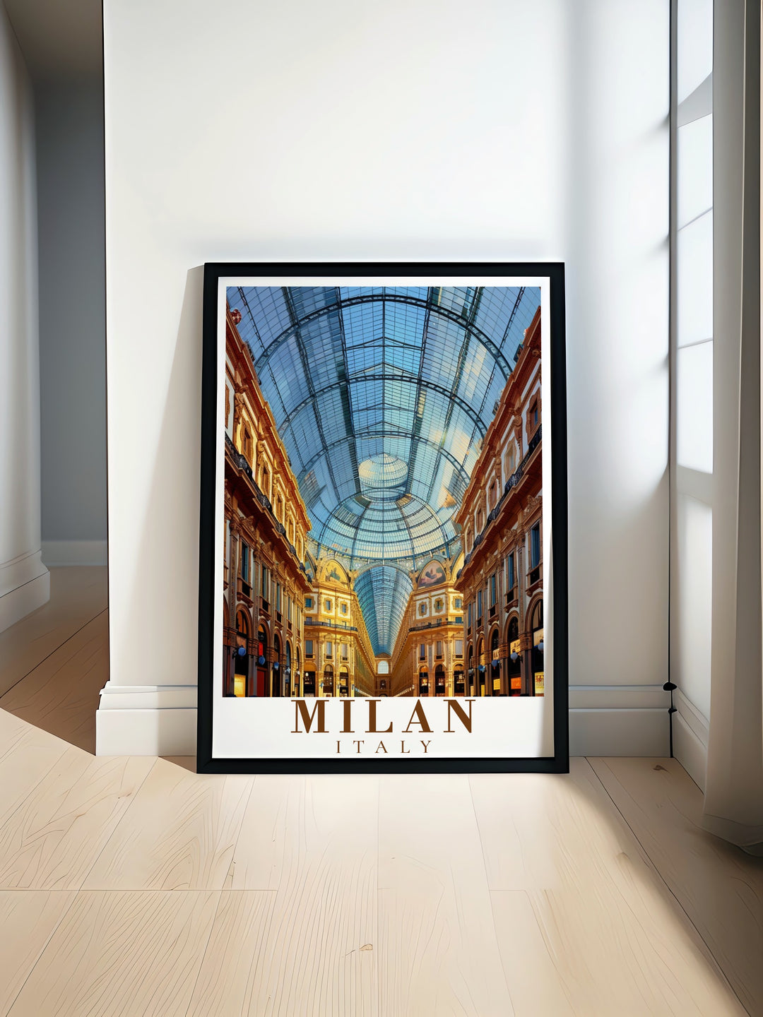 Milan Vintage Poster blends the historic beauty of the Galleria Vittorio Emanuele with a modern art style, creating a timeless piece of framed art. Ideal for adding Italian charm to any space, this poster celebrates Milans architectural treasures.