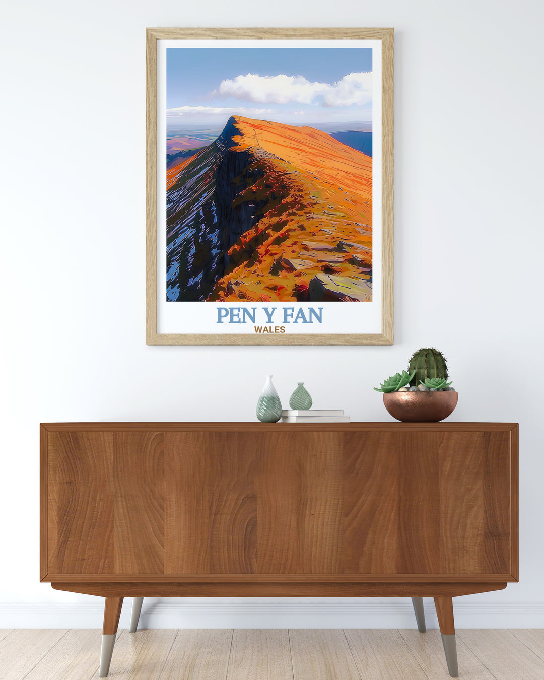 Pen y Fan Summit Travel Print capturing the breathtaking views from the summit, with the surrounding hills of Brecon Beacons National Park. This canvas art highlights the beauty of Wales, making it an ideal piece for nature inspired decor.