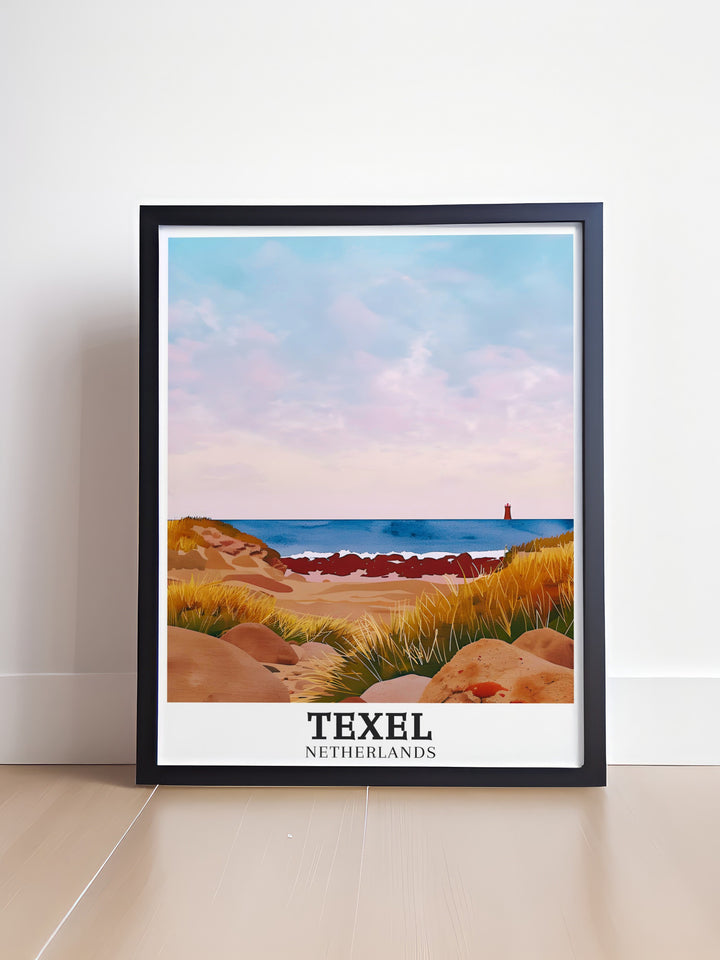 De Koof Beach travel wall art showcasing the iconic beach of Texel Island and The Dunes in the Netherlands. These art pieces are a beautiful addition to home decor, offering a visual escape to the scenic beauty and tranquility of Texel Island. Ideal for travel enthusiasts, these prints bring the charm of the island into your living space.