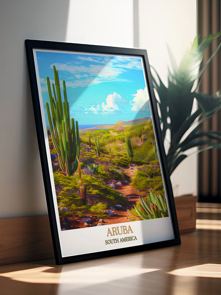 A stunning Aruba wall art piece featuring the breathtaking landscapes of Arikok National Park ideal for enhancing your living space with a touch of Caribbean charm and creating a dynamic atmosphere in any room with its vibrant colors and detailed design