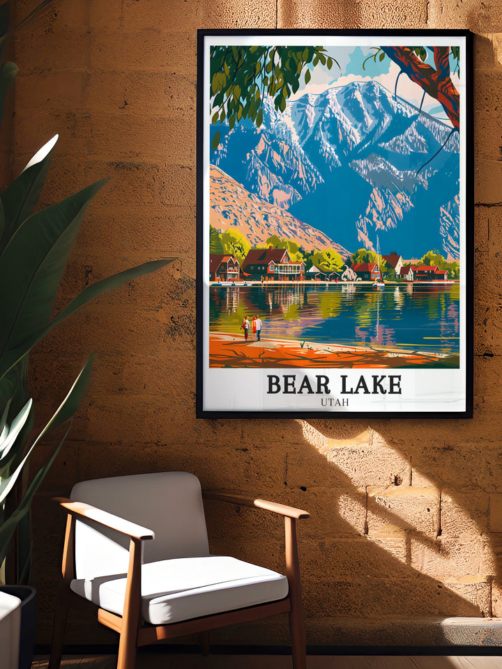 Elegant framed art of Bear Lake and the surrounding Wasatch Mountains, featuring the clear blue waters and stunning vistas, making it a perfect piece of wall decor for your home or office