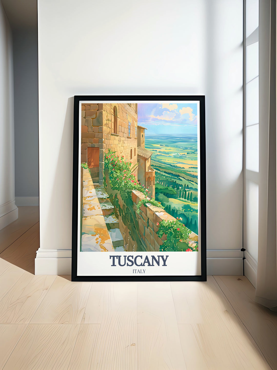 This fine line print of Tuscanys Val dOrcia offers a detailed view of the regions stunning landscapes, including the medieval charm of San Quirico dOrcia. A perfect choice for any home looking to capture the essence of Italy.