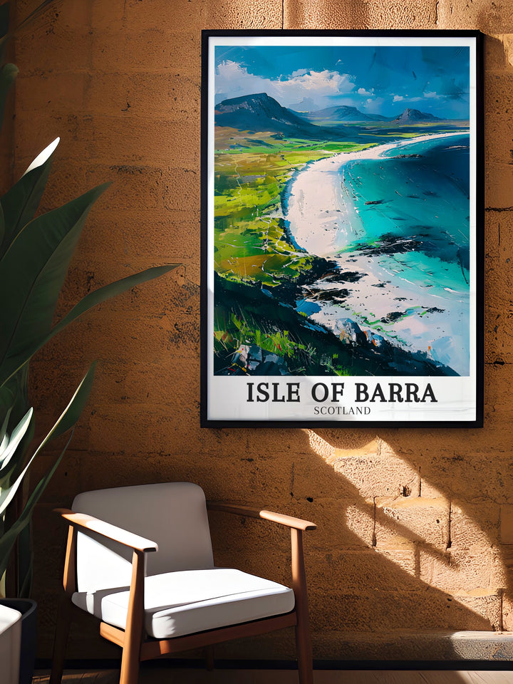 The Vatersay Beach travel print showcases one of the Outer Hebrides most beautiful and secluded beaches. With its turquoise waters and soft white sands, this poster highlights the peaceful atmosphere of the Isle of Barra. This framed art is a perfect addition to any space seeking a calming, coastal vibe.