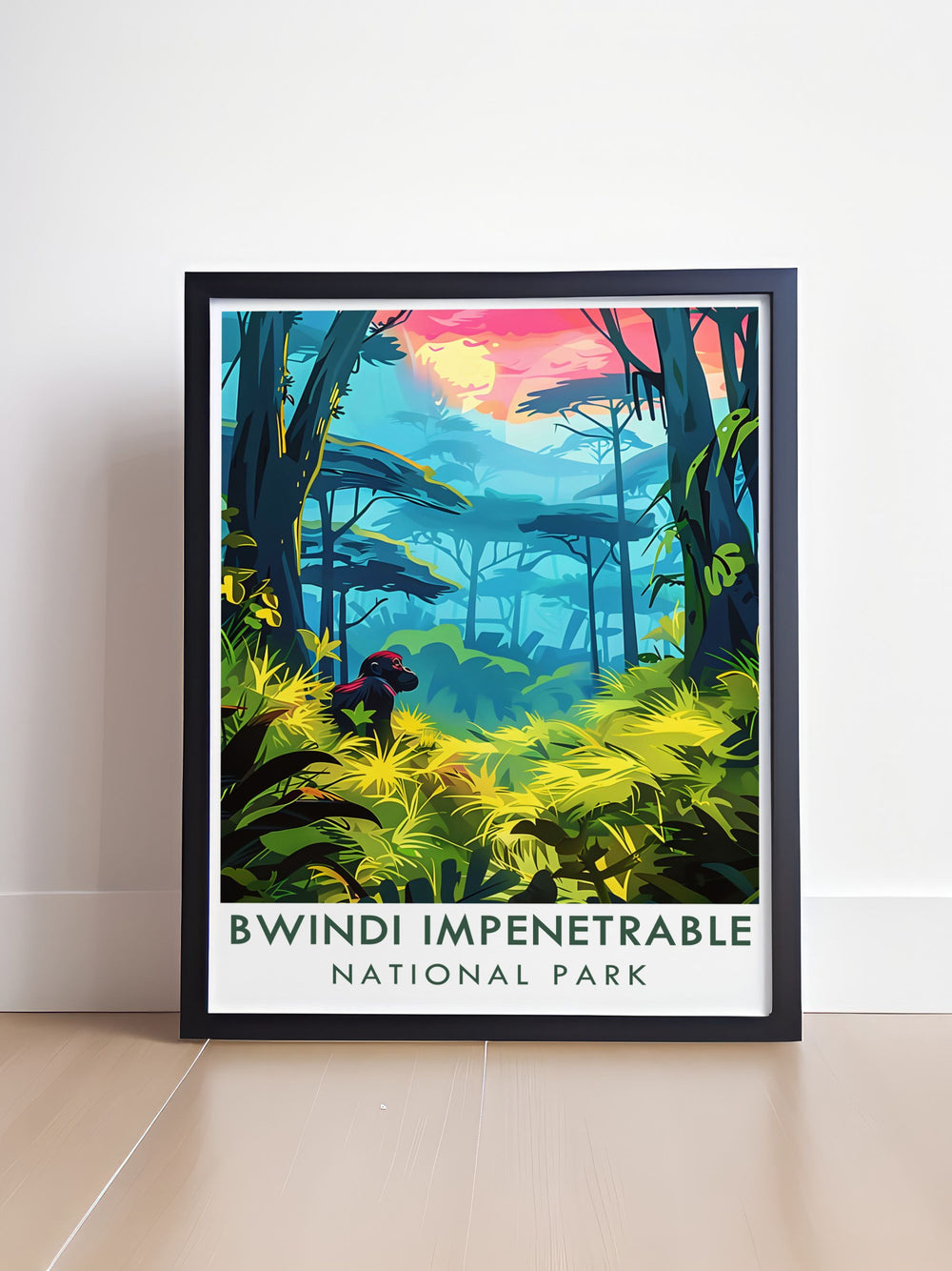 This travel poster captures the dense forests of Bwindi Impenetrable National Park, showcasing the lush greenery and rich biodiversity of this Ugandan treasure.