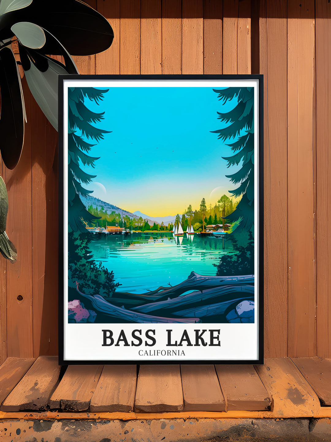 Vintage travel print featuring Bass Lake in The Pines Resort Sierra Nevada Mountains perfect for those who want to bring the natural beauty of Yosemite California into their home decor with this stunning and timeless artwork.