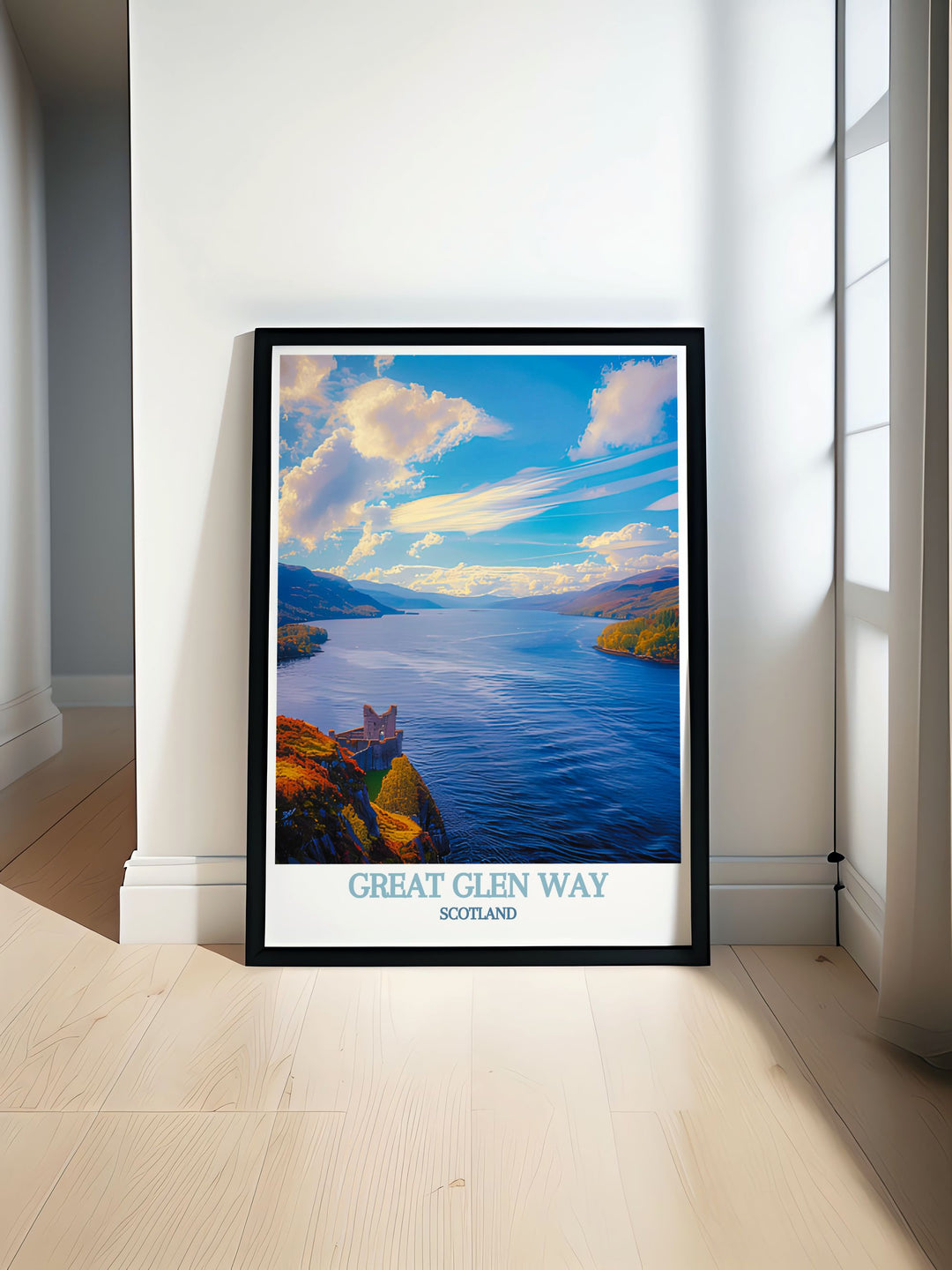 A detailed illustration of the Great Glen Way in Scotland, highlighting the historic trail winding through the stunning Scottish Highlands, perfect for enhancing your home decor with a touch of natural beauty and history.