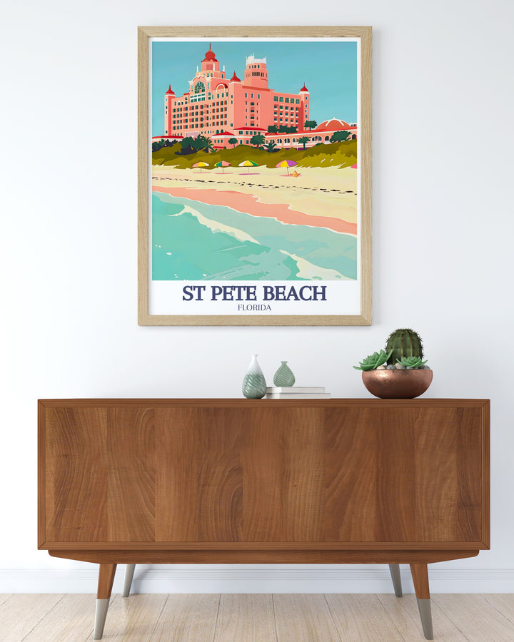 Elegant St Pete Beach print featuring the majestic Don CeSar Hotel and Pass a Grille Beach capturing the serene beauty of Floridas coastline ideal for enhancing your living room decor with Florida artwork