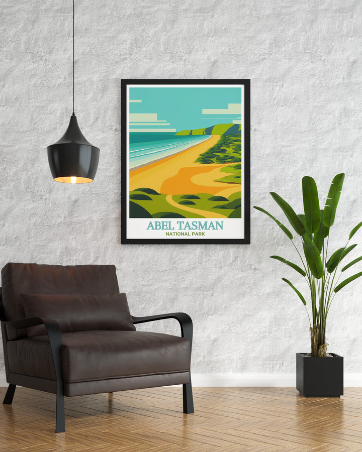 Elevate your home decor with this exquisite Totaranui Beach Framed Print showcasing the vibrant colors and intricate details of this beautiful beach along the Abel Tasman Coast Track