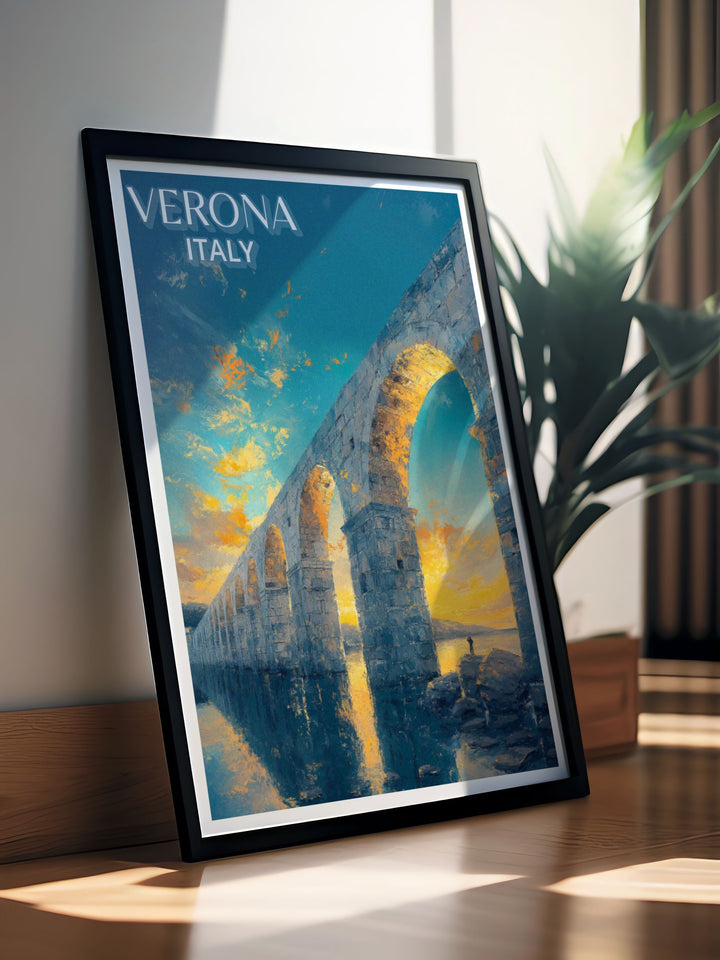 Beautiful travel poster of Ponte Pietra, capturing the essence of Veronas historic charm and architectural beauty, perfect for enhancing your home decor.
