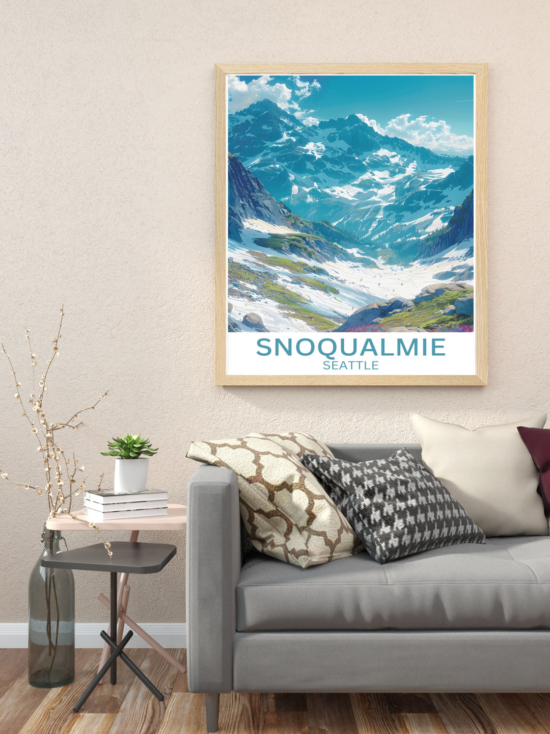 Embrace the winter wonderland of Washington with this travel poster, depicting the resorts stunning views and exhilarating ski trails.