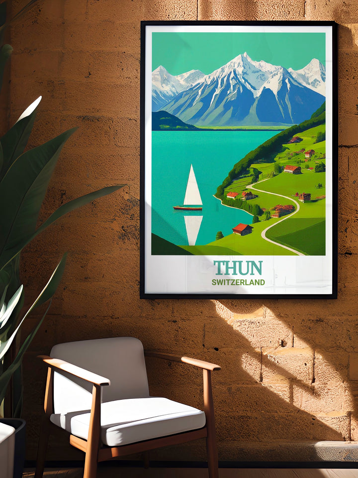 Lake Thun Vintage Poster brings out the classic charm of this Swiss destination. Ideal for those who love Switzerlands timeless landscapes, this print adds a nostalgic feel to any space.