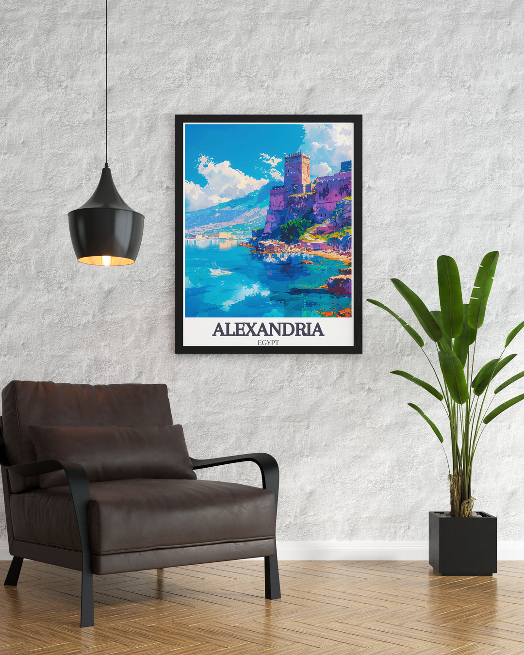 This Alexandria Egypt map and city print features the Citadel of Qaitbay Pharos Lighthouse in vivid colors. Perfect for adding sophistication to your decor, this beautiful art piece captures the rich heritage and timeless beauty of one of Egypts most famous cities.