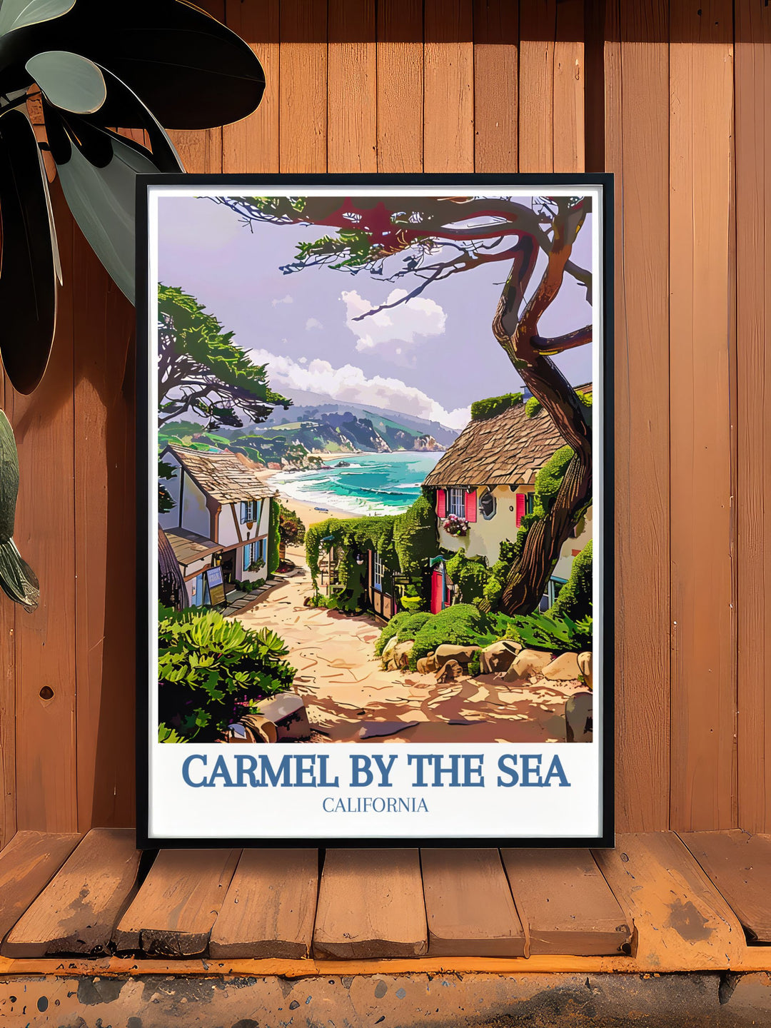 Showcasing the enchanting FairyTale Cottages of Carmel by the Sea, this travel poster highlights their storybook architecture and lush gardens. Ideal for adding a touch of whimsical charm to your home decor and celebrating the islands artistic beauty.