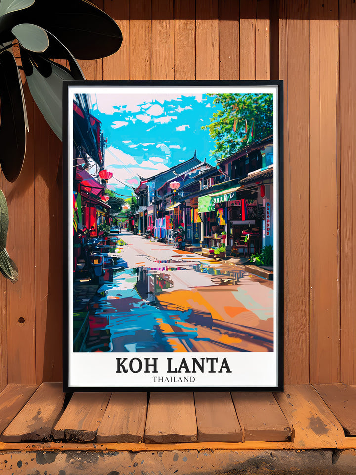 Bring a piece of Thailand into your home with Ko Lanta Yai, Lanta Old Town modern art. This beach travel poster showcases Koh Lantas tropical island charm and is perfect for beach home decor or as a unique gift for those who love exotic destinations and island beauty.