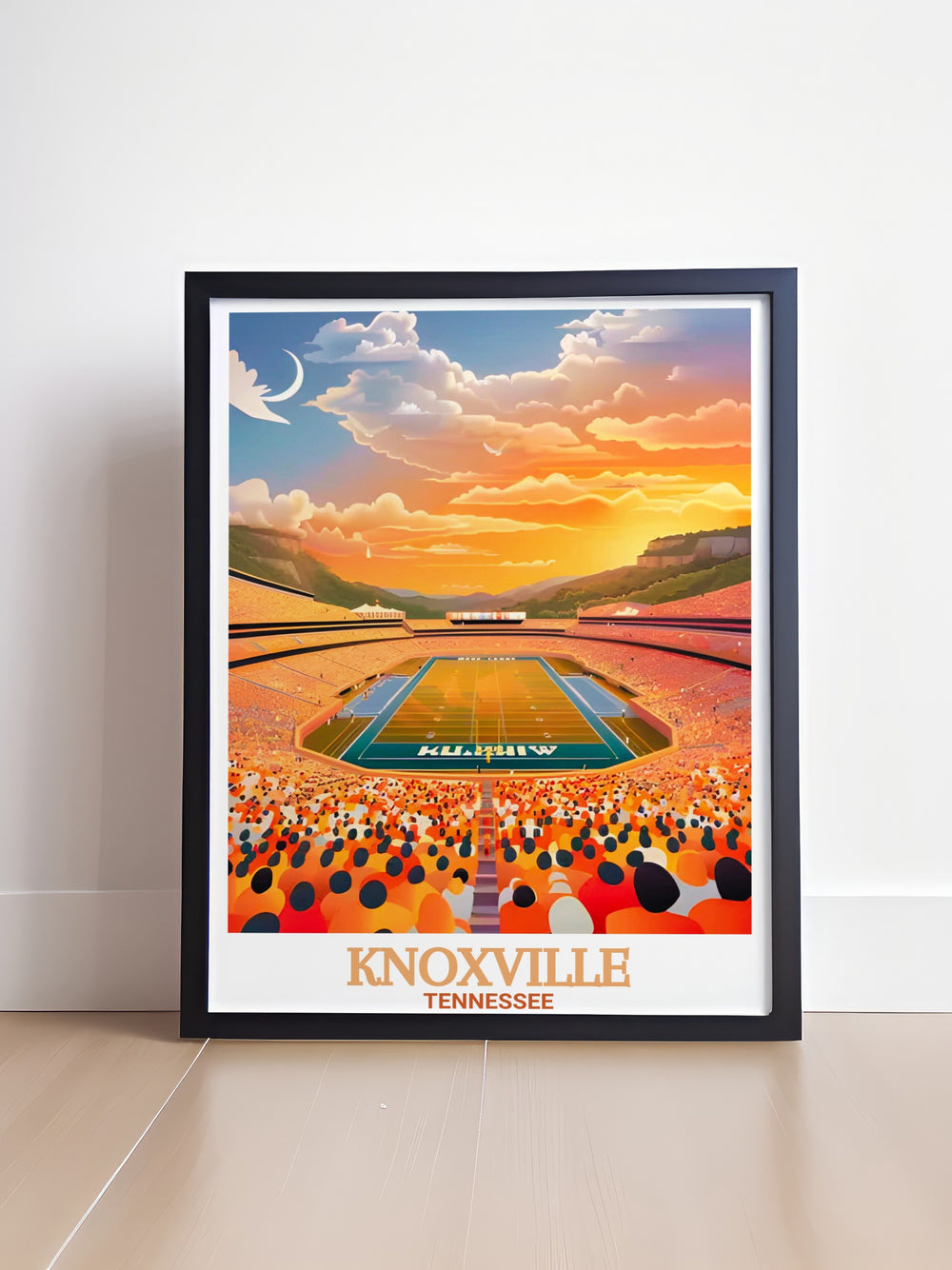 A Knoxville poster print featuring the University of Tennessee campus, highlighting the beautiful architecture and vibrant colors. Perfect for alumni, students, or anyone with a connection to the city, this travel print adds a touch of Knoxville to your home or office décor.