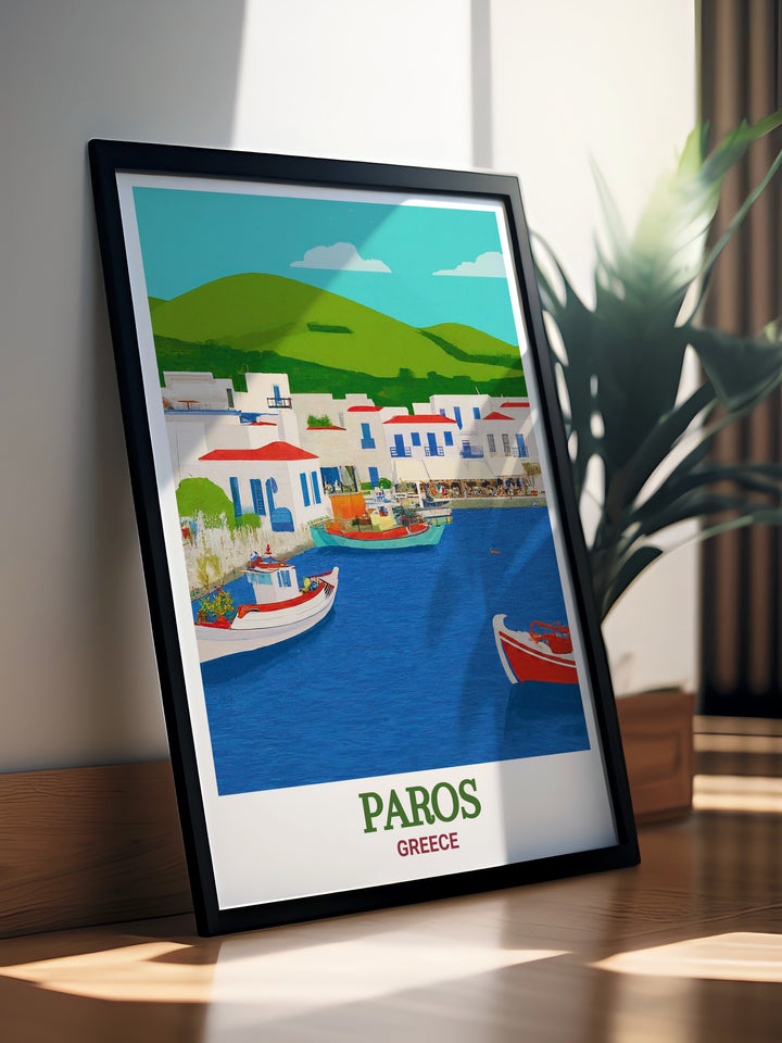 Discover the charm of the Cyclades with this Greece travel poster, featuring the iconic Naoussa Harbor. The detailed artwork captures the vibrant atmosphere and peaceful beauty of Paros, making it a perfect addition to any travel inspired decor.