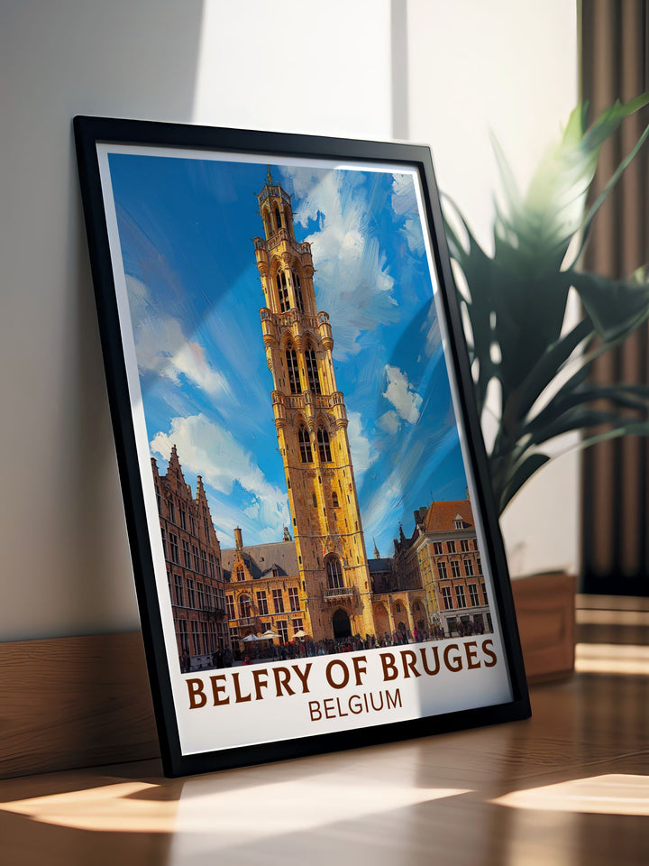 Elegant Belfry of Bruges poster featuring the stunning landmark in Belgium. This detailed artwork captures the beauty and history of the Belfry, making it a unique and sophisticated addition to any living space.