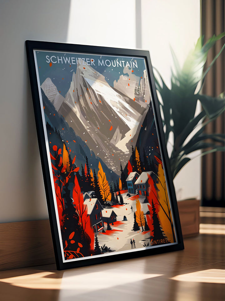 Featuring a scenic view of Schweitzer Mountain and Schweitzer Village, this Vintage Ski Poster brings to life the allure of winter sports in Idaho. With vibrant details of the snowy trails and cozy village atmosphere, this artwork is ideal for anyone who cherishes winter getaways and skiing adventures.