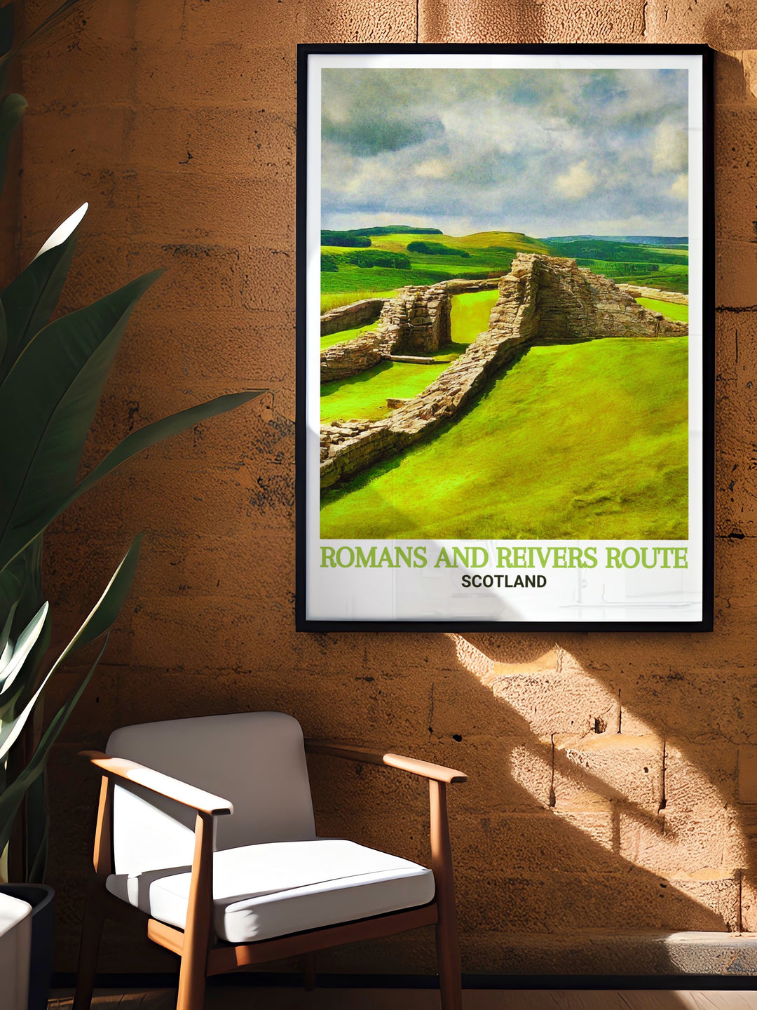 Celebrate the beauty of Scotlands Borders with this Romans and Reivers Route poster featuring Housesteads Roman Fort perfect for travel art lovers and those who appreciate National Park posters this print adds a vintage charm to any room.