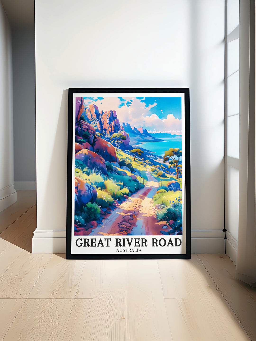 Great River Road travel print displaying the lush greenery and riverside beauty of Australias Great River Road. A must have for nature lovers, this print brings a sense of calm and tranquility to any room with its picturesque imagery.