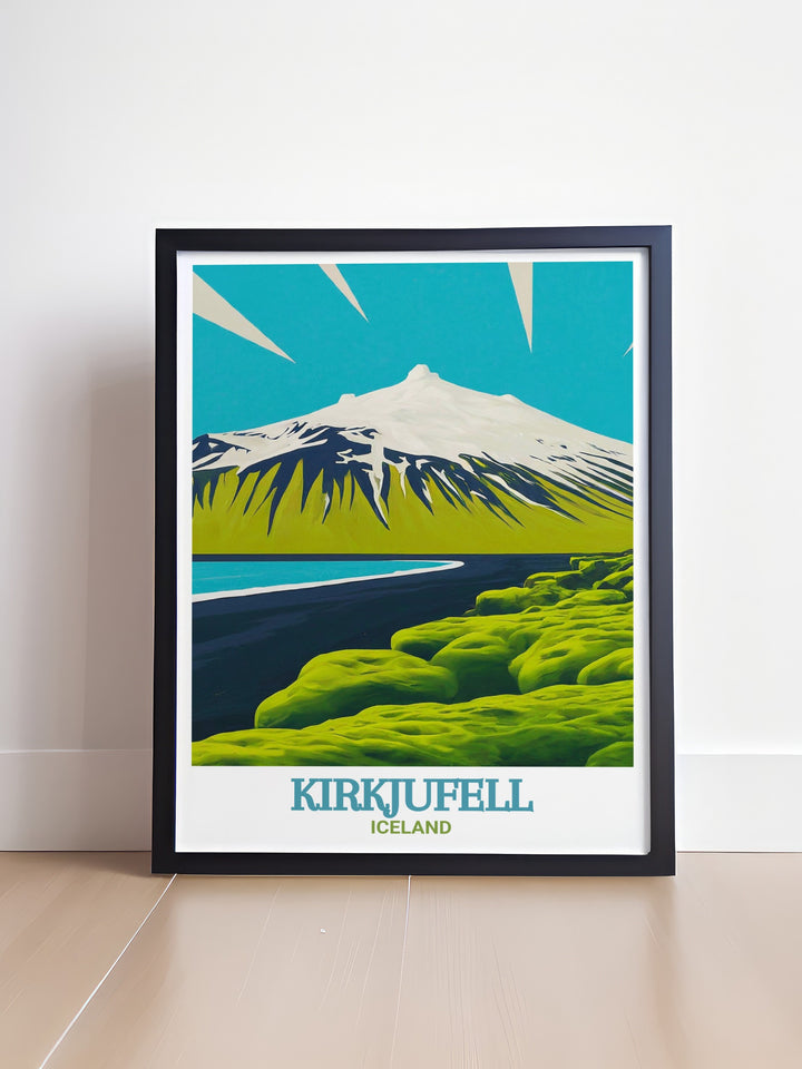 Iceland Travel Poster featuring the iconic landmarks of Kirkjufell and Snæfellsjökull, capturing the essence of Icelands captivating landscapes. This travel poster is ideal for adventurers and nature lovers who want to bring the spirit of Iceland into their homes.