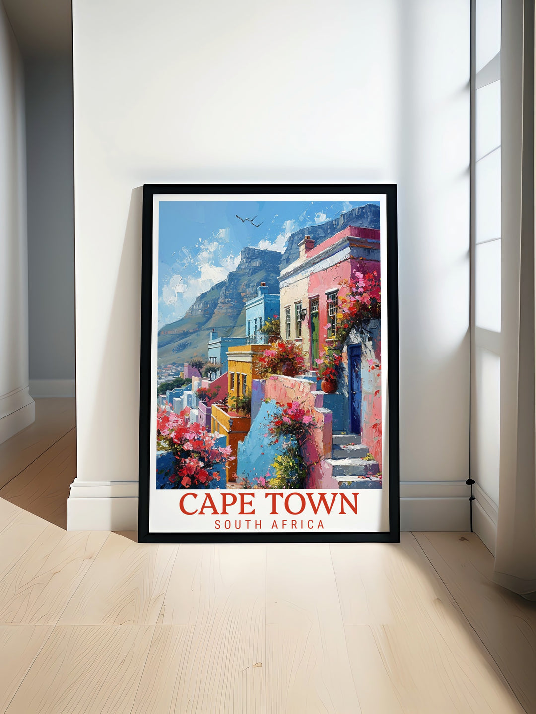 Beautiful Table Mountain Art print featuring the iconic Cape Town landscape paired with vibrant Bo Kaap architecture. Perfect for adding a unique South African touch to any living room or office space. National Park and retro travel theme for stunning home decor.