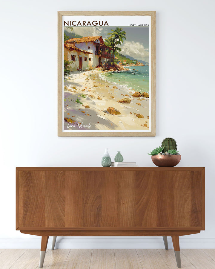 Nicaragua map art print highlighting the enchanting Corn Islands perfect for adding a touch of elegance to any home decor vibrant colors and detailed design for a captivating look