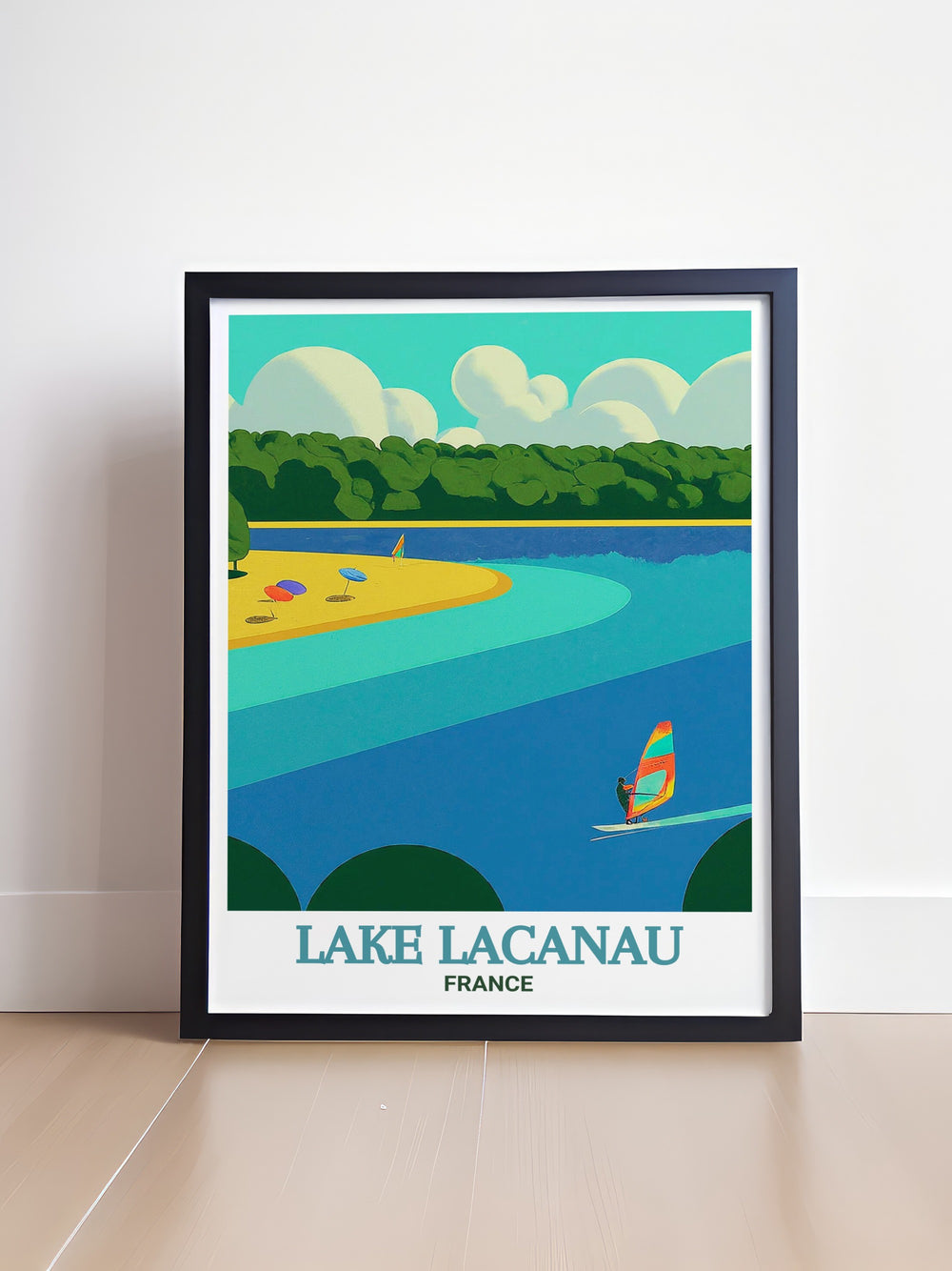 Lake Lacanau wall art that transports you to the peaceful shores of one of Frances most beloved lakes. The soft colors and calm reflections on the water are captured beautifully in this poster, ideal for creating a serene atmosphere in your living space.