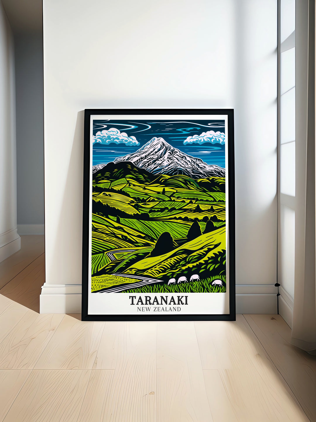 Mount Taranaki Egmont National Park modern print showcasing vibrant colors and detailed artwork bringing the majestic beauty of New Zealand into your home decor