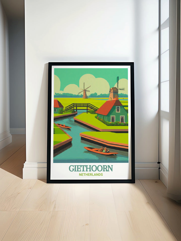 Giethoorn canals wall art capturing the serene beauty of this Dutch village known for its picturesque waterways and traditional thatched roof cottages. This detailed print brings the calm and charm of Giethoorn into your home, making it a perfect addition for anyone who appreciates European landscapes and tranquil scenes.