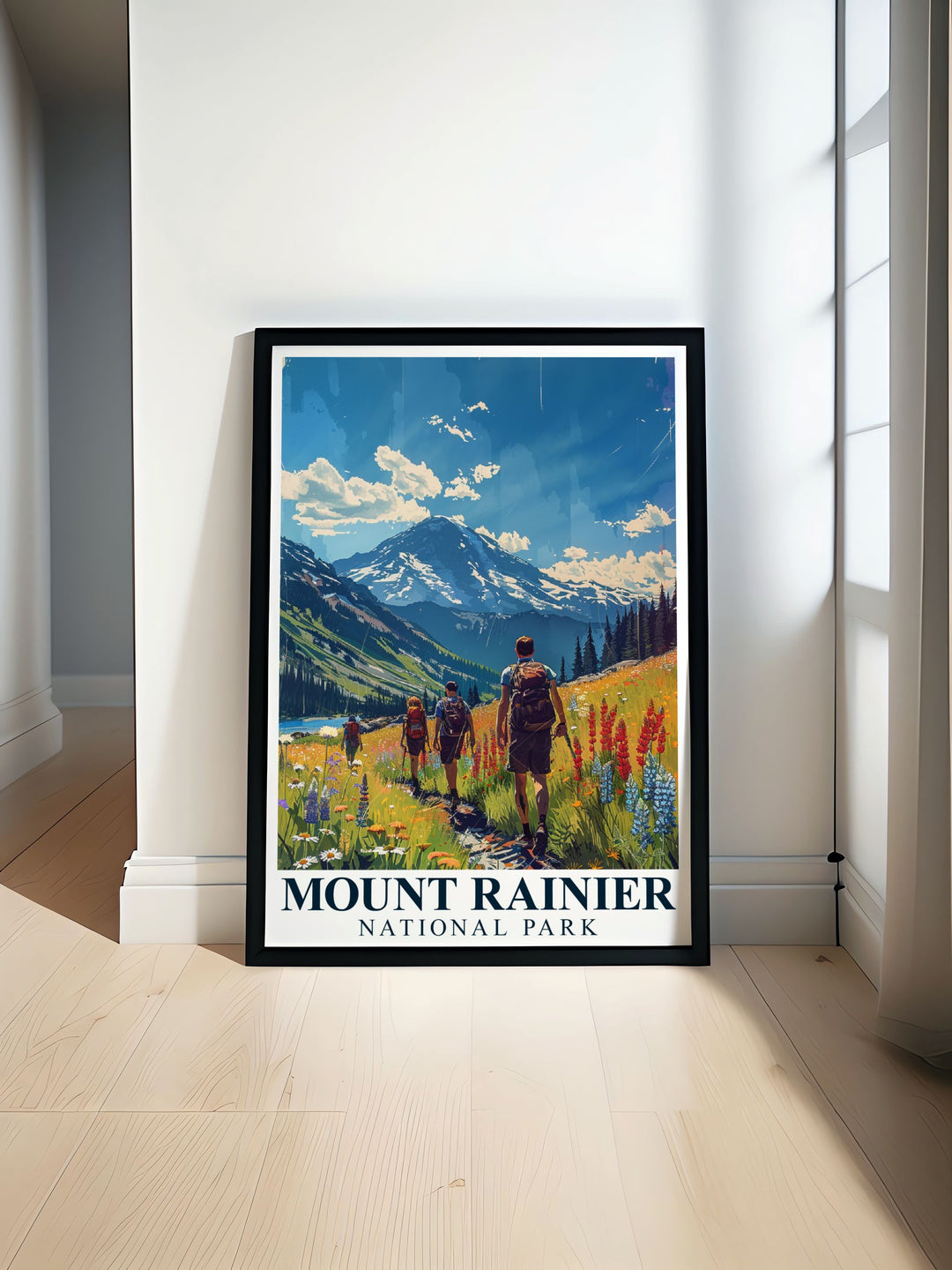 Beautiful Mount Rainier poster showcasing the majestic peak of Washington State part of our National Park Print collection featuring the Cascade Range perfect for adding elegant home decor to any room with stunning mountain wall art including Paradise Meadows