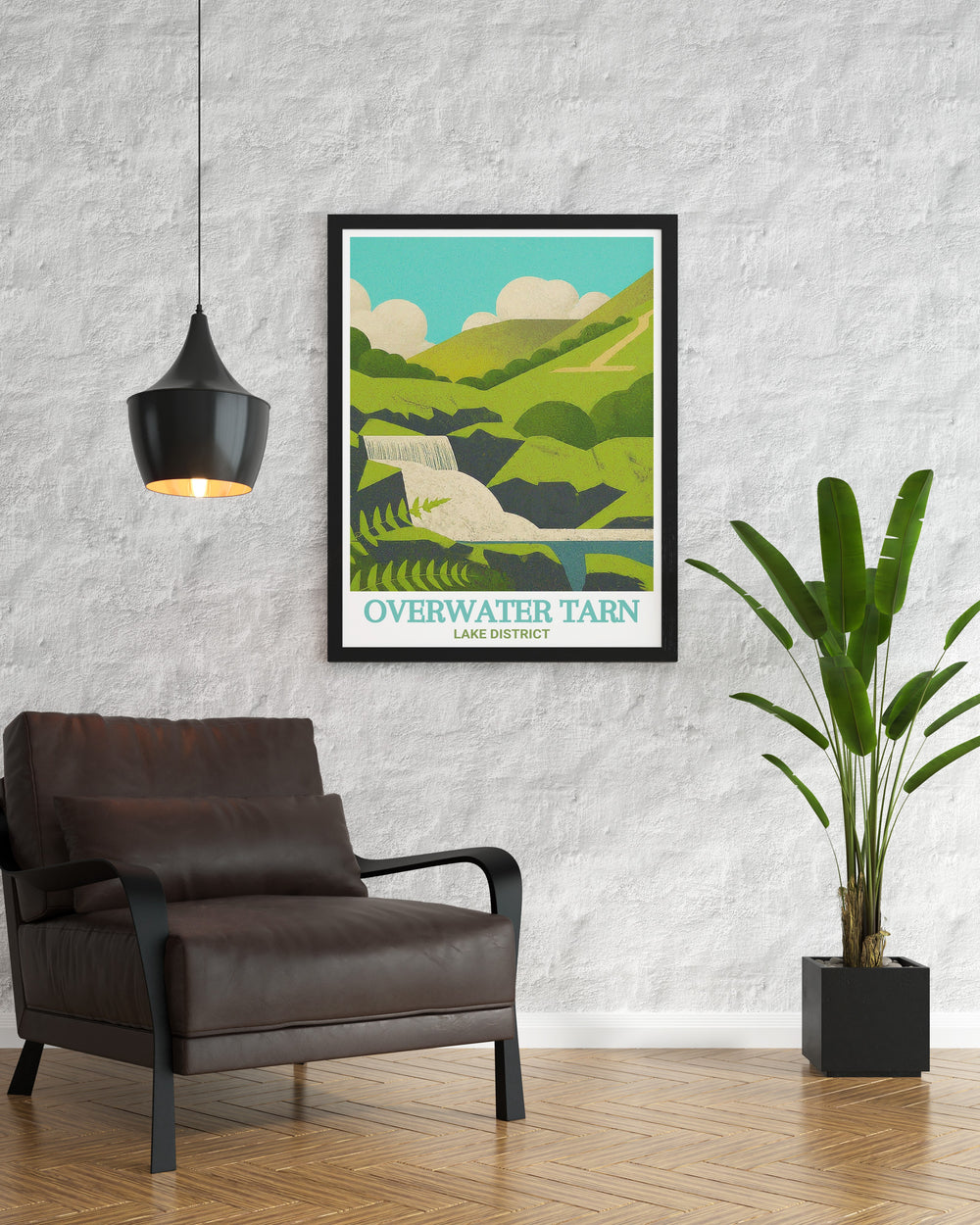 Overwater Tarn scenic poster highlighting the tranquil beauty of Cumbrias Lake District. This detailed artwork depicts the serene tarn and its lush surroundings, making it a perfect addition to your wall art collection. Ideal for those who love outdoor adventures.