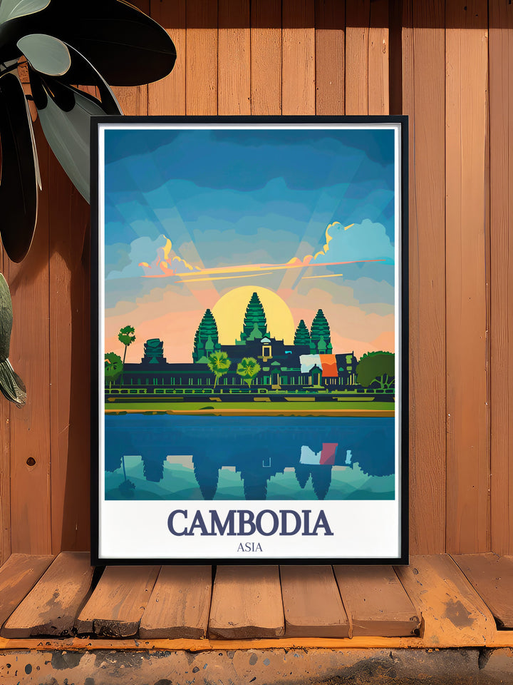 Celebrate Cambodias heritage with this Angkor Wat Khmer travel poster. The intricate artwork captures the essence of the ancient temple in Siem Reap, making it a perfect addition to any Southeast Asia inspired decor. A timeless piece for your collection.