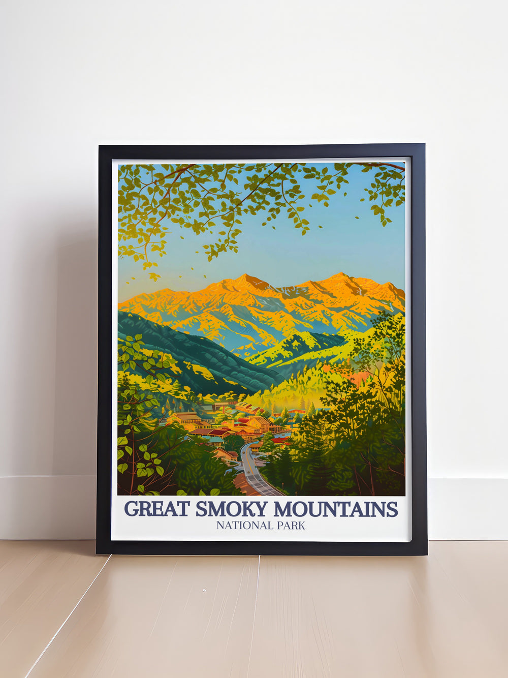 This Great Smoky Mountains travel poster combines vibrant colors and intricate details, featuring Newfound Gap Road and Gatlinburgs scenic backdrop.