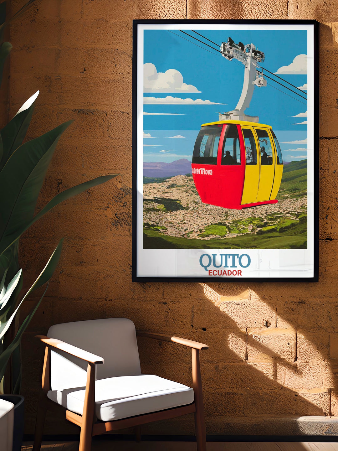 Quito Poster Print featuring the stunning TelefériQo cable car ascending the slopes of Pichincha Volcano. This Ecuador travel print captures the sweeping views of the city and the Andes mountains, making it the perfect addition to any travel lovers decor.