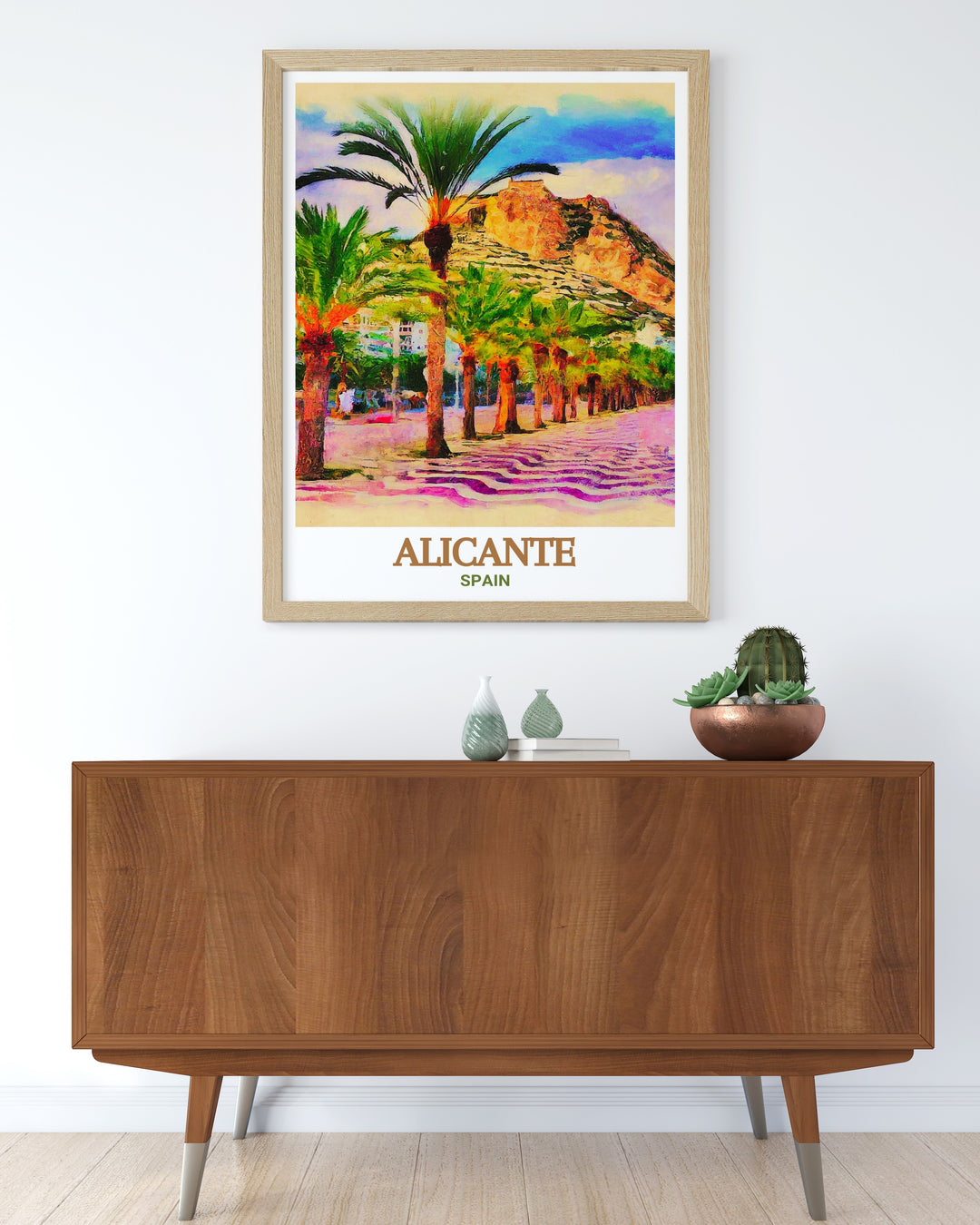 Explanada de España wall art featuring the promenades beautiful landscapes and iconic vistas. Ideal for enhancing your space with the historical beauty of Alicante, this print adds a touch of elegance and cultural heritage to your home decor. Celebrate Alicantes history with this captivating artwork.