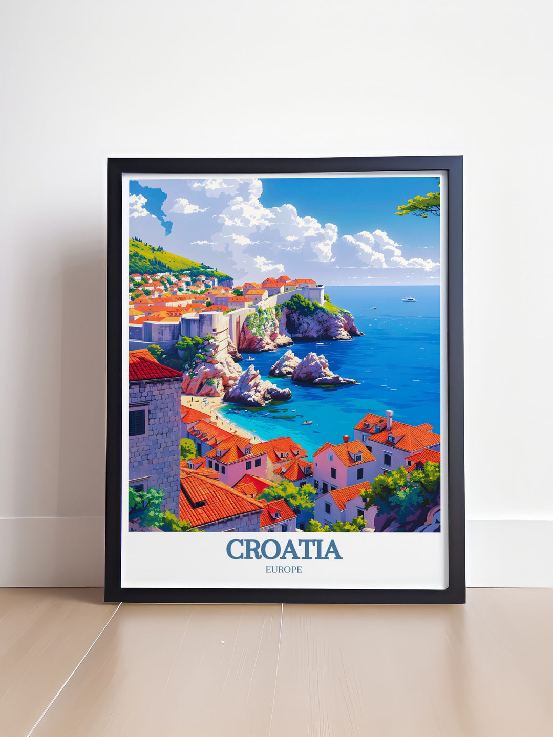 Highlighting the scenic vistas of Dubrovnik Old Town and the vibrant Adriatic Sea, this travel poster is perfect for those who appreciate the rich history and scenic richness of Croatia.