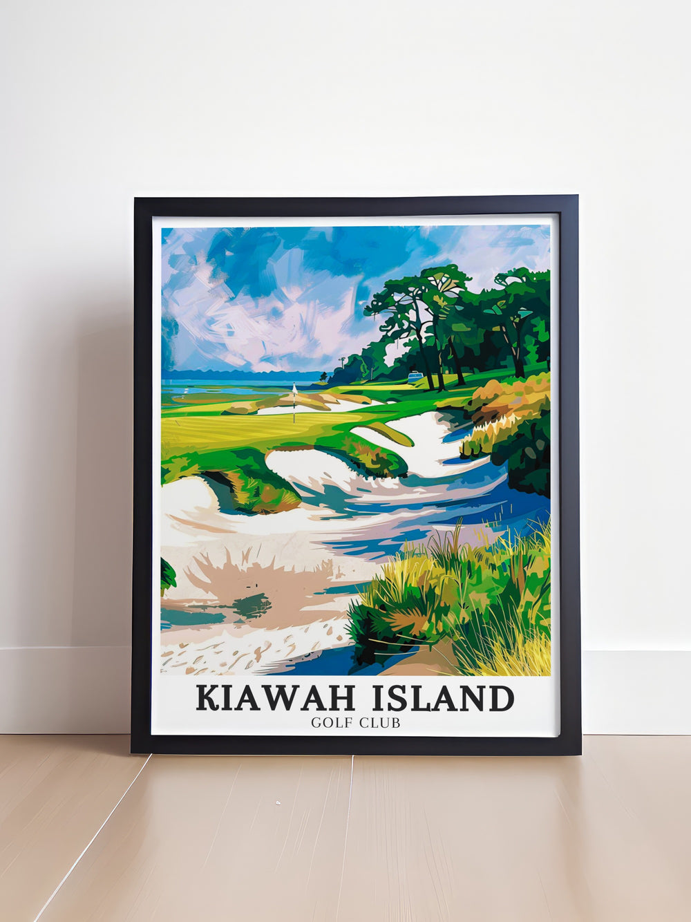 A stunning golf poster showcasing Kiawah Island Golf Club with its lush greens and stunning views of the Atlantic Ocean a perfect addition to any home or office decor that captures the elegance and challenge of this world renowned golfing destination