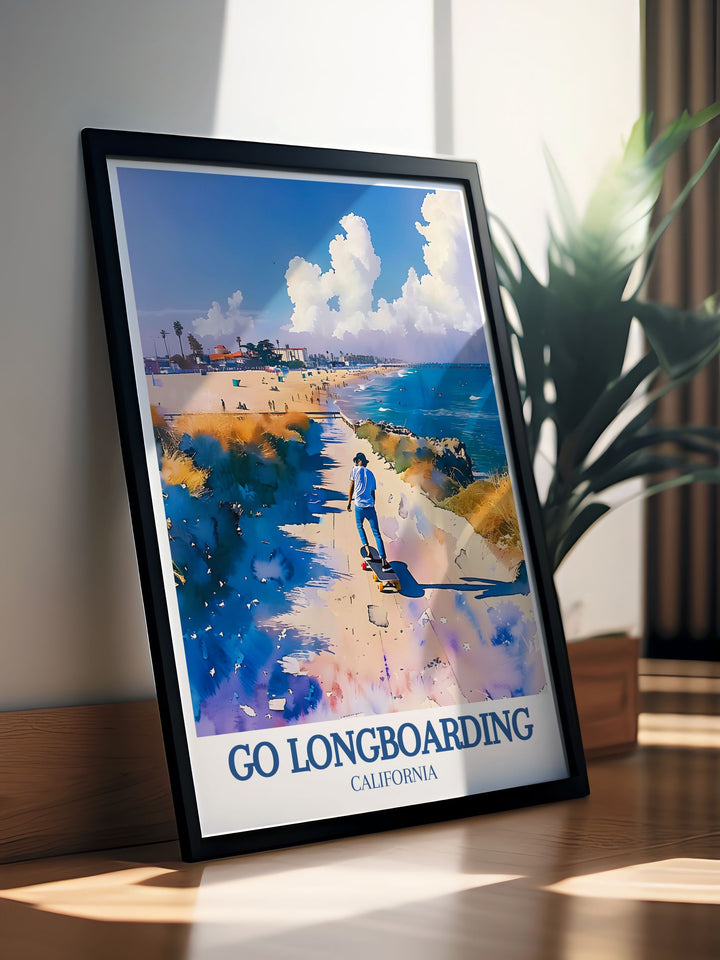 The Go Longboarding Poster Print captures the vibrant skateboarding culture of Venice Beach, featuring skaters along the boardwalk with Muscle Beach in the background. This travel print brings Californias lively and colorful skate scene into your home.